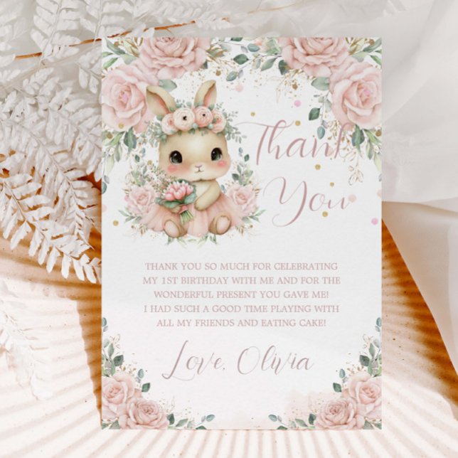 Adorable Baby Bunny Rabbit Blush 1st 2nd Birthday Thank You Card (Creator Uploaded)