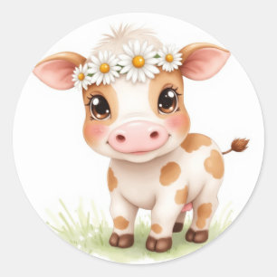 Adorable baby calf with big eyes classic round sticker