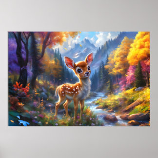Adorable Baby Deer in an Enchanted Forest Poster