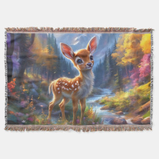 Adorable Baby Deer in an Enchanted Forest Throw Blanket