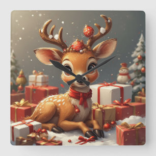 Adorable Baby Deer With Festive Antlers Square Wall Clock