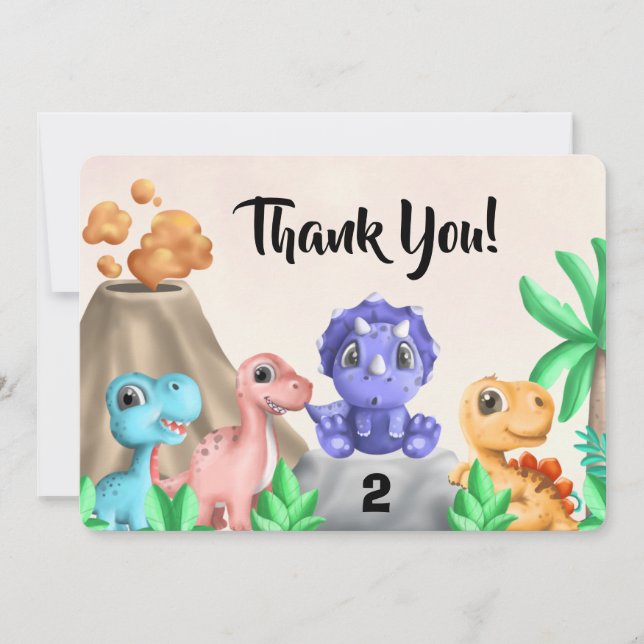 Adorable Baby Dinosaurs Birthday Thank You Card (Front)