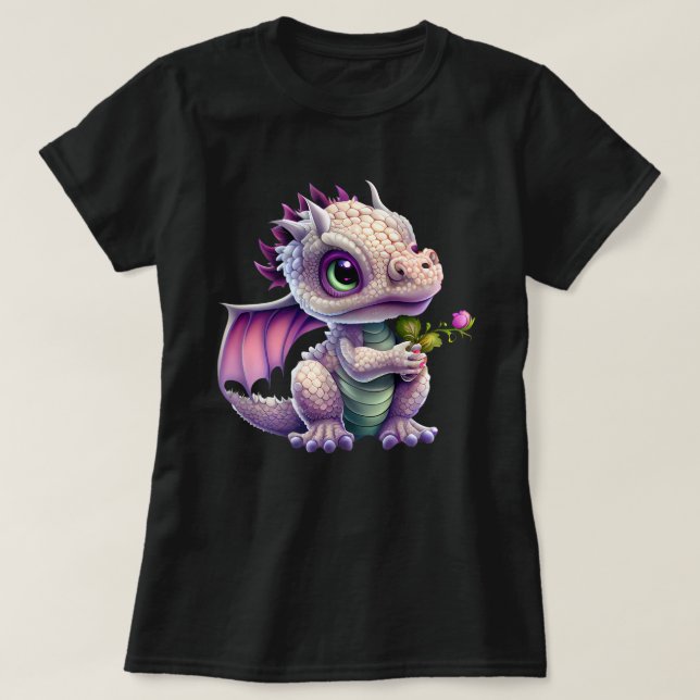 Adorable Baby Dragon Holding Flower  T-Shirt (Design Front)