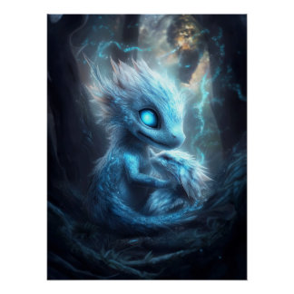 Adorable Baby Dragon in an Enchanted Forest Poster