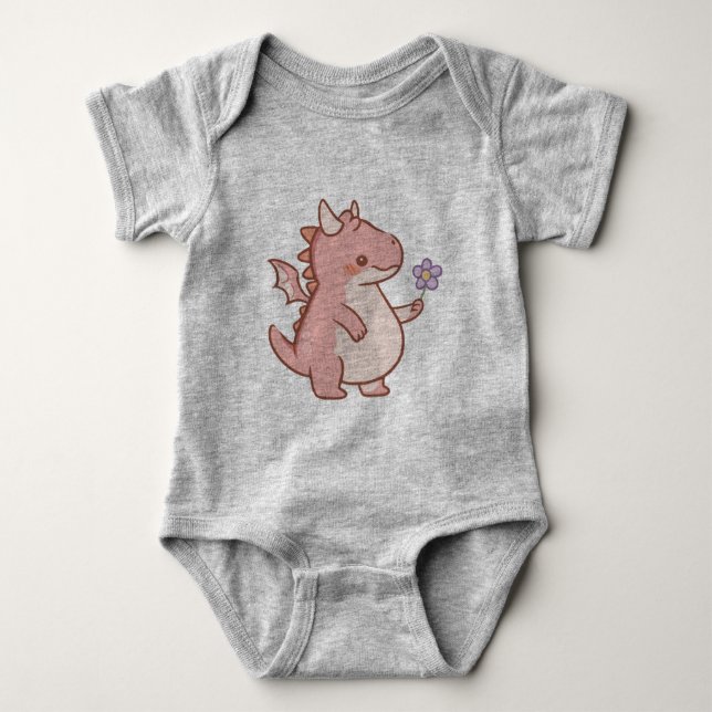Adorable Baby Dragon With a Purple Flower Baby Bodysuit (Front)