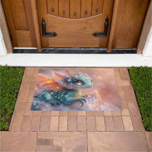 Adorable Baby Dragon with Crystal Gem: Fantasy Art Doormat