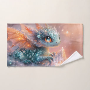 Adorable Baby Dragon with Crystal Gem: Fantasy Art Hand Towel