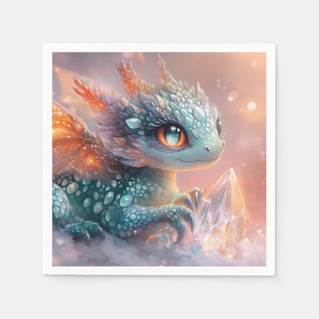 Adorable Baby Dragon with Crystal Gem: Fantasy Art Napkin (Front)