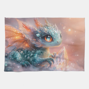 Adorable Baby Dragon with Crystal Gem: Fantasy Art Tea Towel
