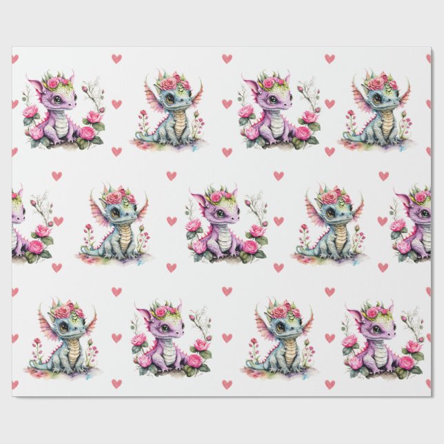 Adorable Baby Dragons & Hearts on White Valentine Wrapping Paper (Flat)