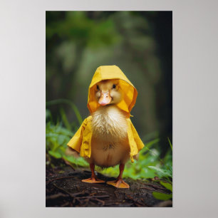 Adorable Baby Duck in Yellow Rain Poster