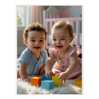 Adorable Baby Duo Playing in a Sunlit Nursery Poster