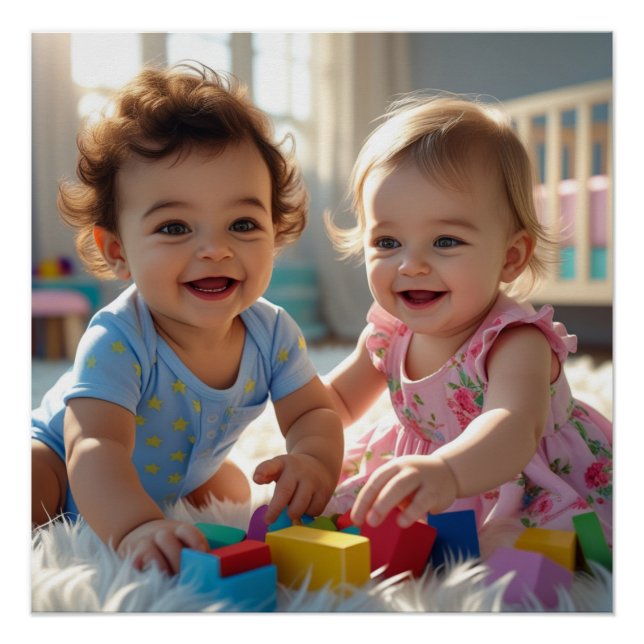 Adorable Baby Duo Playing in a Sunlit Nursery Poster (Front)
