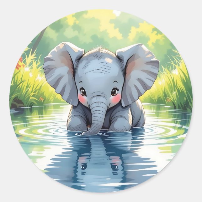 Adorable Baby Elephant and Reflection Classic Round Sticker (Front)