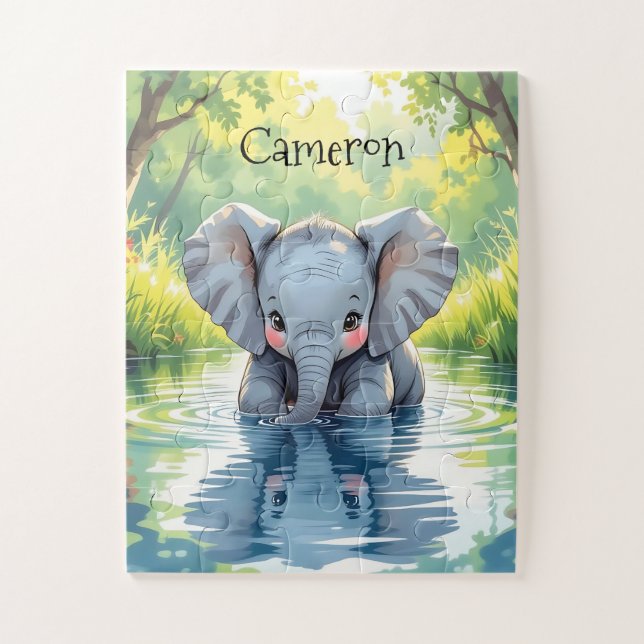 Adorable Baby Elephant and Reflection Personalised Jigsaw Puzzle (Vertical)