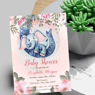 Adorable Baby Elephant Floral Dots Baby Shower Invitation