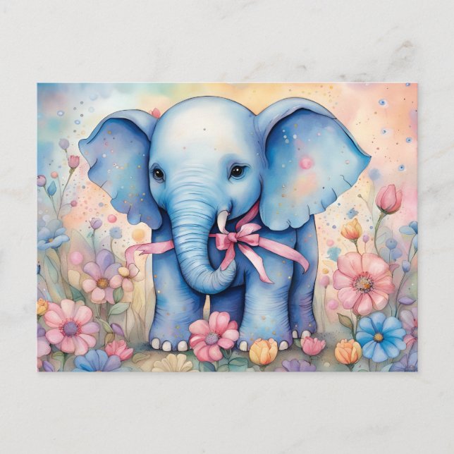 Adorable Baby Elephant In a Pastel Garden Postcard (Front)