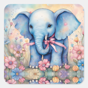 Adorable Baby Elephant In a Pastel Garden Square Sticker
