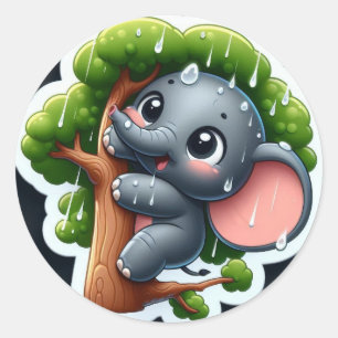 Adorable Baby Elephant in Rainy Tree Classic Round Sticker
