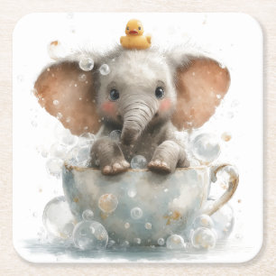 Adorable Baby Elephant in Teacup with Rubber Duck Square Paper Coaster