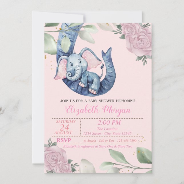 Adorable Baby Elephant, Leaves, Floral Baby Shower Invitation (Front)