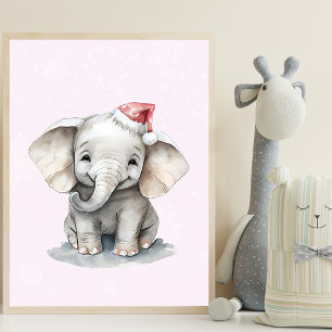 Adorable Baby Elephant On Pink Snowy Day Poster