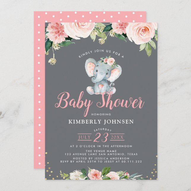 Adorable baby elephant pink floral baby shower invitation (Front/Back)