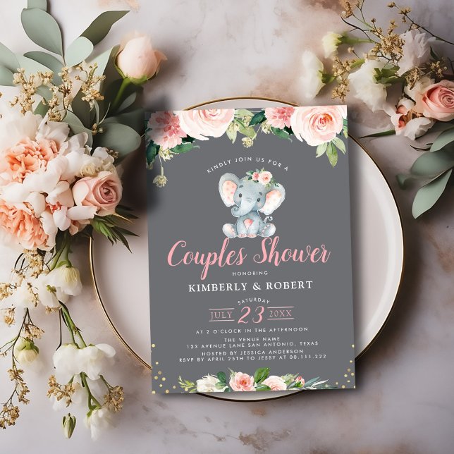 Adorable baby elephant pink floral couples shower invitation (Creator Uploaded)