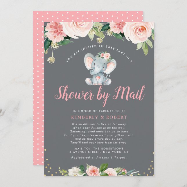 Adorable baby elephant pink floral shower by mail invitation (Front/Back)