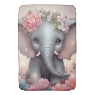 Adorable Baby Elephant with Flowers Bath Mat