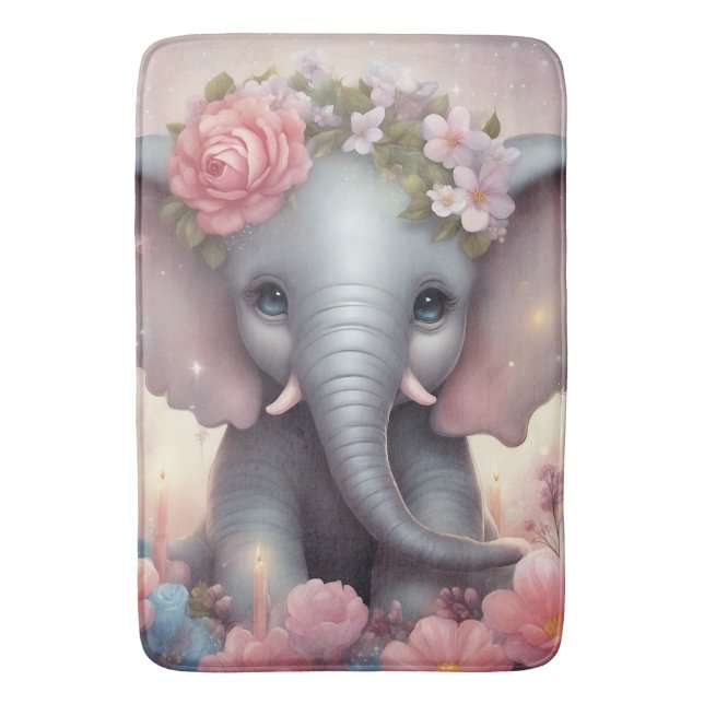 Adorable Baby Elephant with Flowers Bath Mat (Front Vertical)