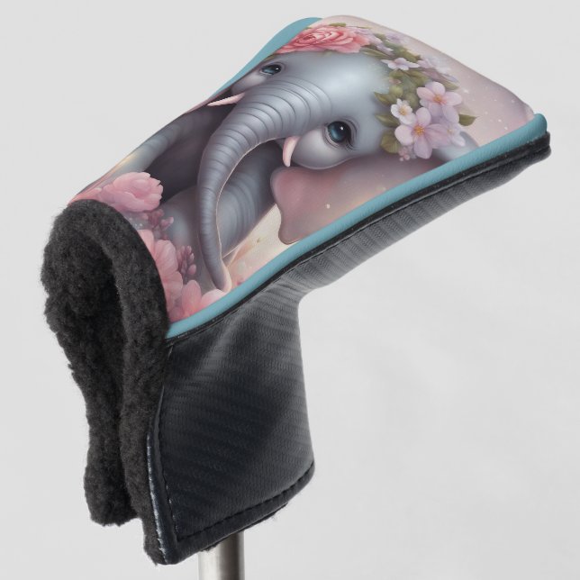 Adorable Baby Elephant with Flowers Golf Head Cover (3/4 Front)