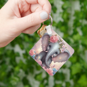 Adorable Baby Elephant with Flowers Key Ring