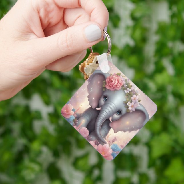 Adorable Baby Elephant with Flowers Key Ring (Hand)