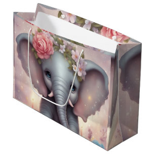 Adorable Baby Elephant with Flowers Large Gift Bag