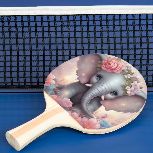 Adorable Baby Elephant with Flowers Ping Pong Paddle (Insitu)