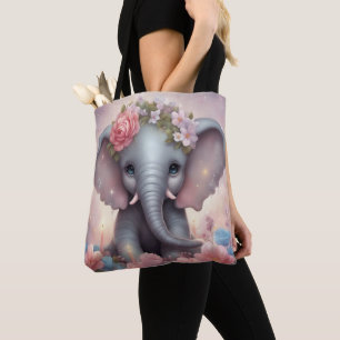 Adorable Baby Elephant with Flowers Tote Bag