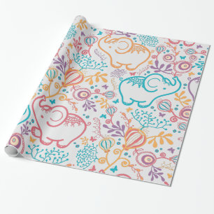 Adorable Baby Elephants And Flowers Wrapping Paper