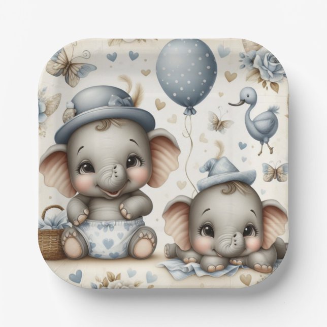 ADORABLE BABY ELEPHANTS IN PASTEL BLUE & TAN PAPER PLATE (Front)