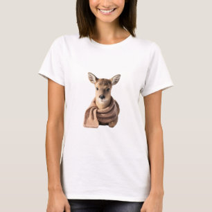 Adorable Baby Fawn Wearing a Knitted Scarf T-Shirt