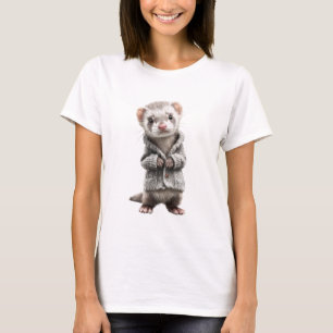 Adorable Baby Ferret in Grey Knitted Cardigan T-Shirt
