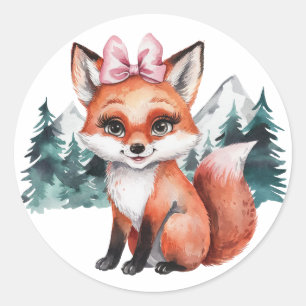 Adorable Baby Fox Watercolor Girl Baby Shower Classic Round Sticker