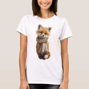 Adorable Baby Fox Wearing Knitted Scarf T-Shirt