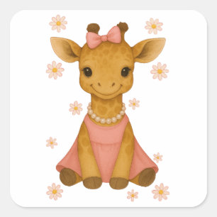Adorable Baby Giraffe in Pink Girl Baby Shower Square Sticker