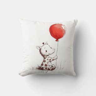 Adorable Baby Giraffe with Red Balloon Cushion