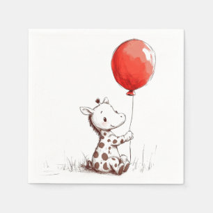 Adorable Baby Giraffe with Red Balloon Napkin