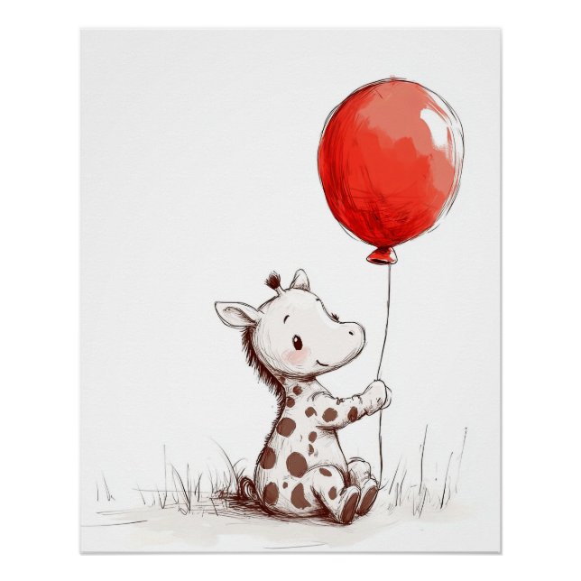 Adorable Baby Giraffe with Red Balloon Poster (Front)