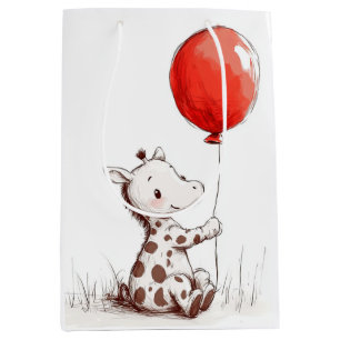 Adorable Baby Giraffe with Red Balloon Spiral Medium Gift Bag