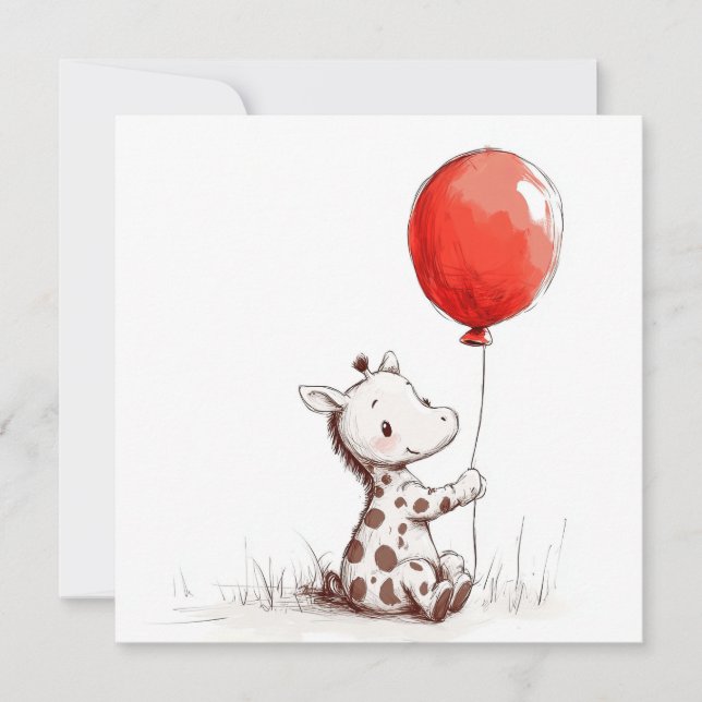 Adorable Baby Giraffe with Red Balloon Square Holiday Card (Front)