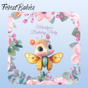 Adorable Baby Girl Butterfly Kid Birthday Party  Square Paper Coaster